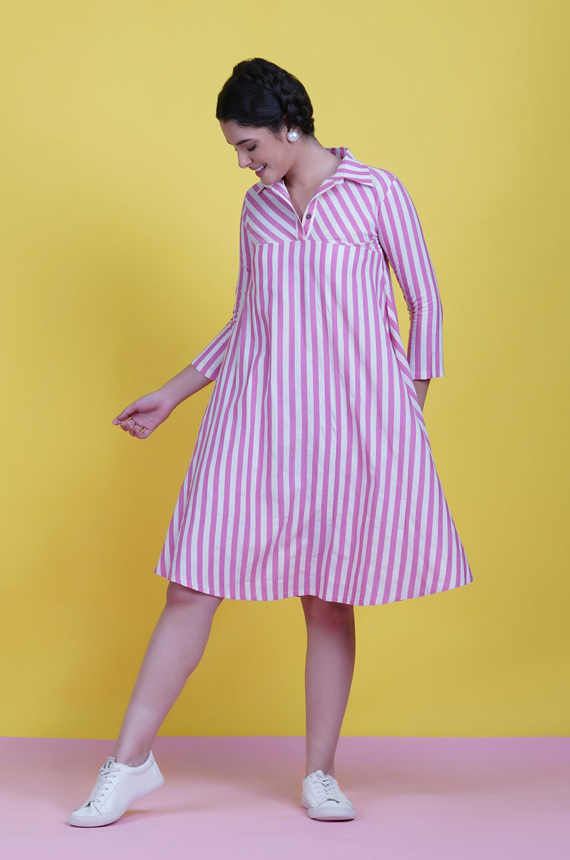 Pink And White Stripe Cotton Circular Dress-Dress-Fabnest