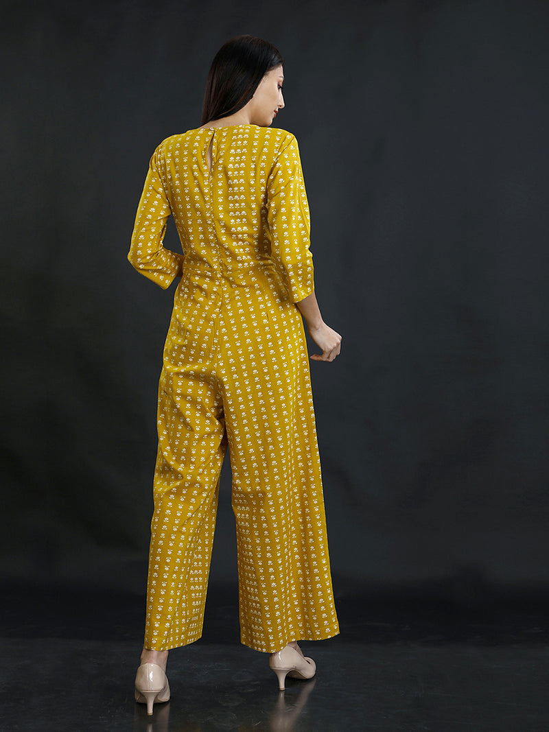 Green Discharge Print Cotton Jumpsuit With Pintucks At Home Yoke .-Jumpsuit-Fabnest