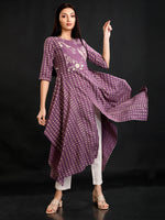Purple Cotton Discharge Printed With Front Slit Asymmetrical Kurta And Pant Set-Full Sets-Fabnest