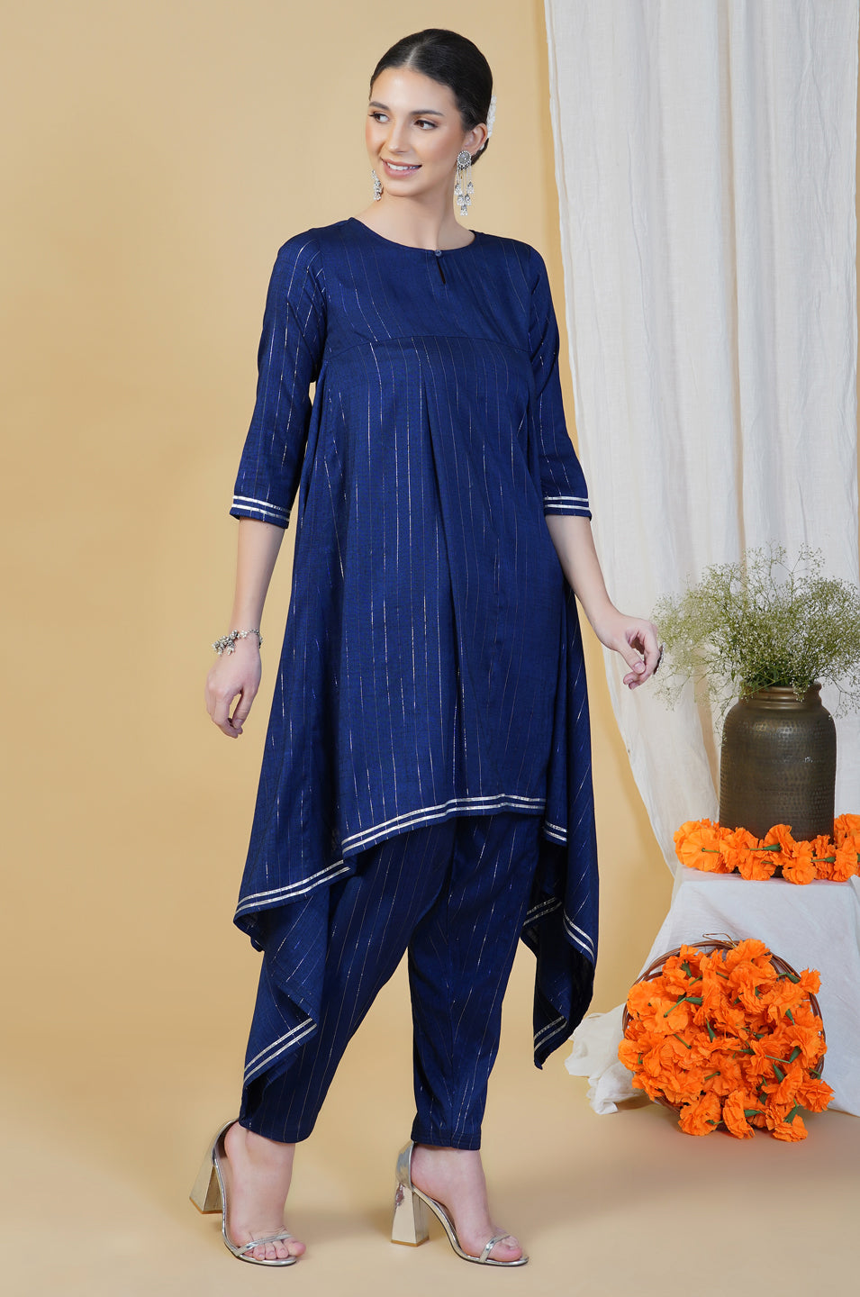 Navy blue linen cotton self design lurex asymmetrical kurta and straight salwar with gota work-Kurta Set-Fabnest