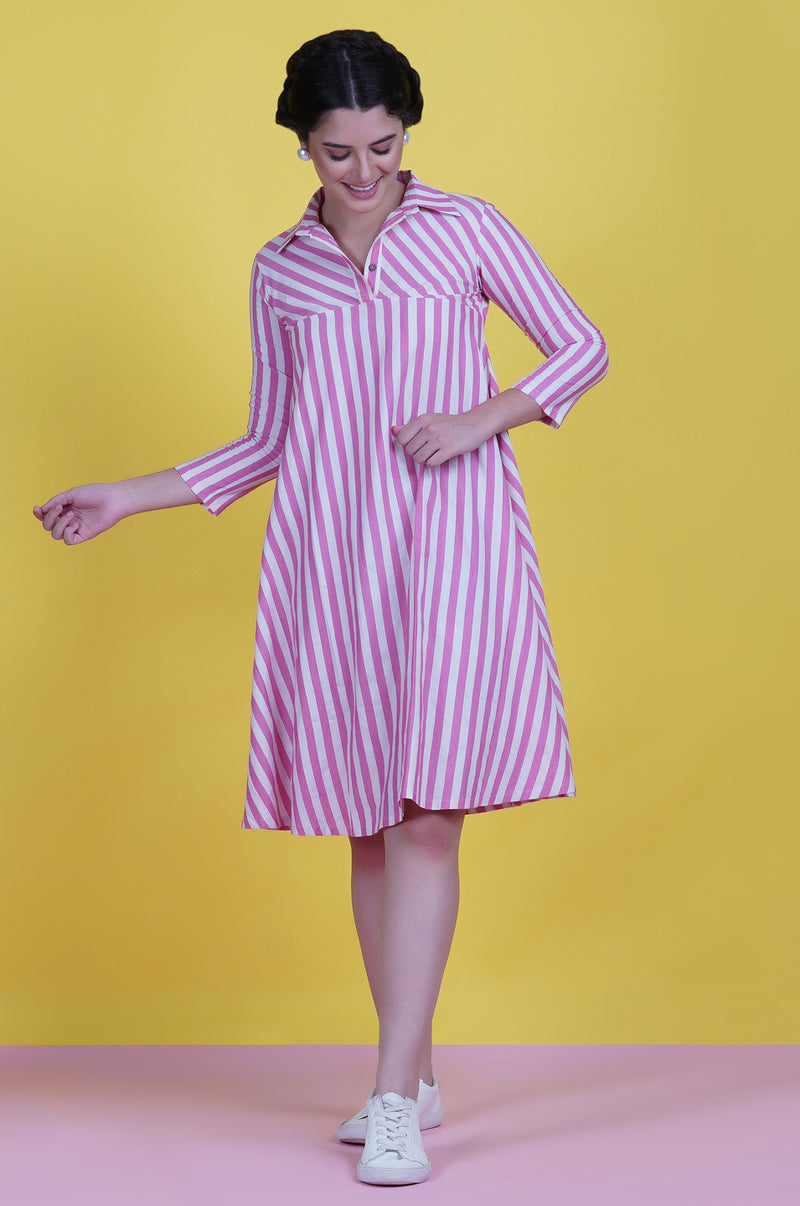 Pink And White Stripe Cotton Circular Dress-Dress-Fabnest