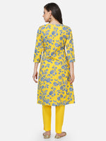 Cotton yellow printed Aline kurta with side kalis and gota inserts paired with yellow cotton solid tapered pants-Kurta Set-Fabnest