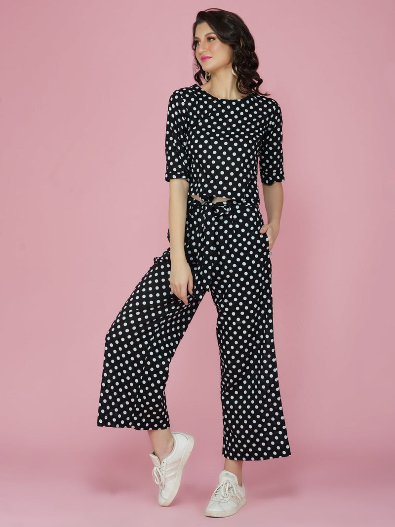 Black and white polka dot cotton cropped top and bottom set-Co-ords-Fabnest