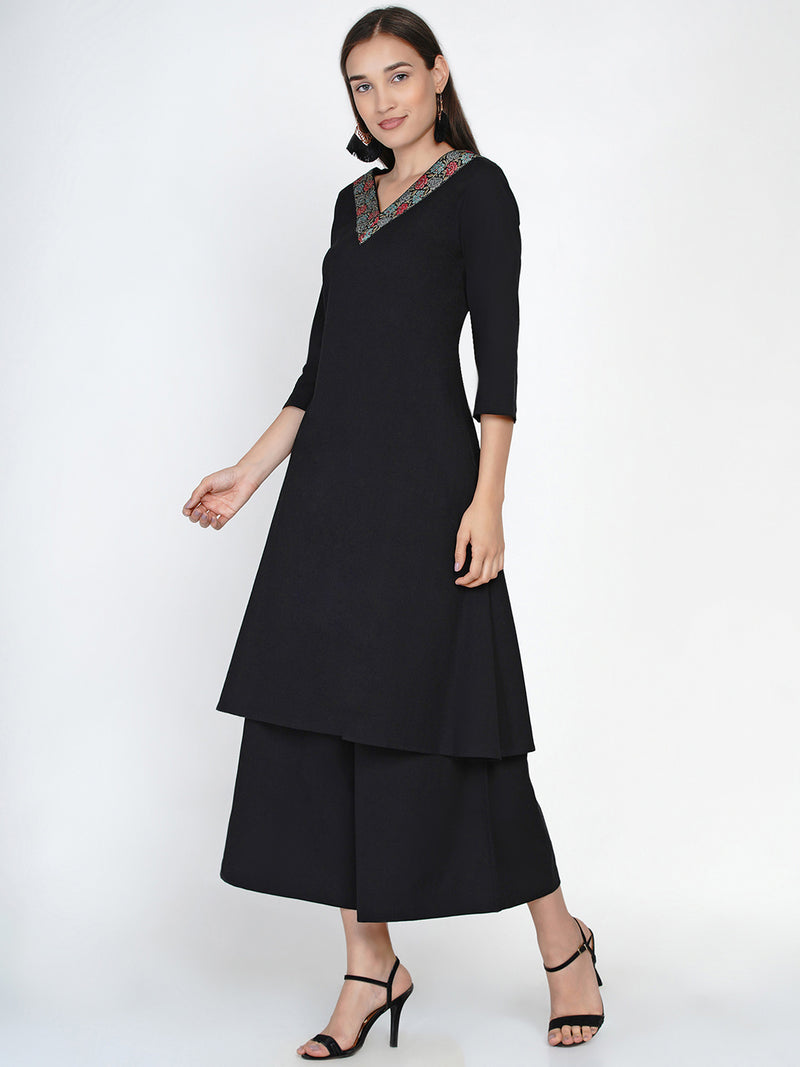 Black cotton with a V neck embellished with jacquard lace A line kurta ONLY-Kurta-Fabnest