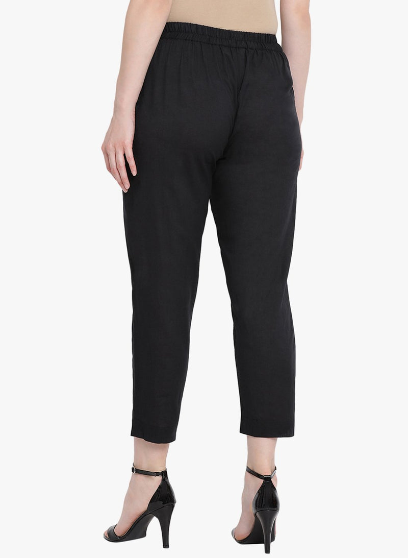Solid black cotton straight pants-Bottoms-Fabnest
