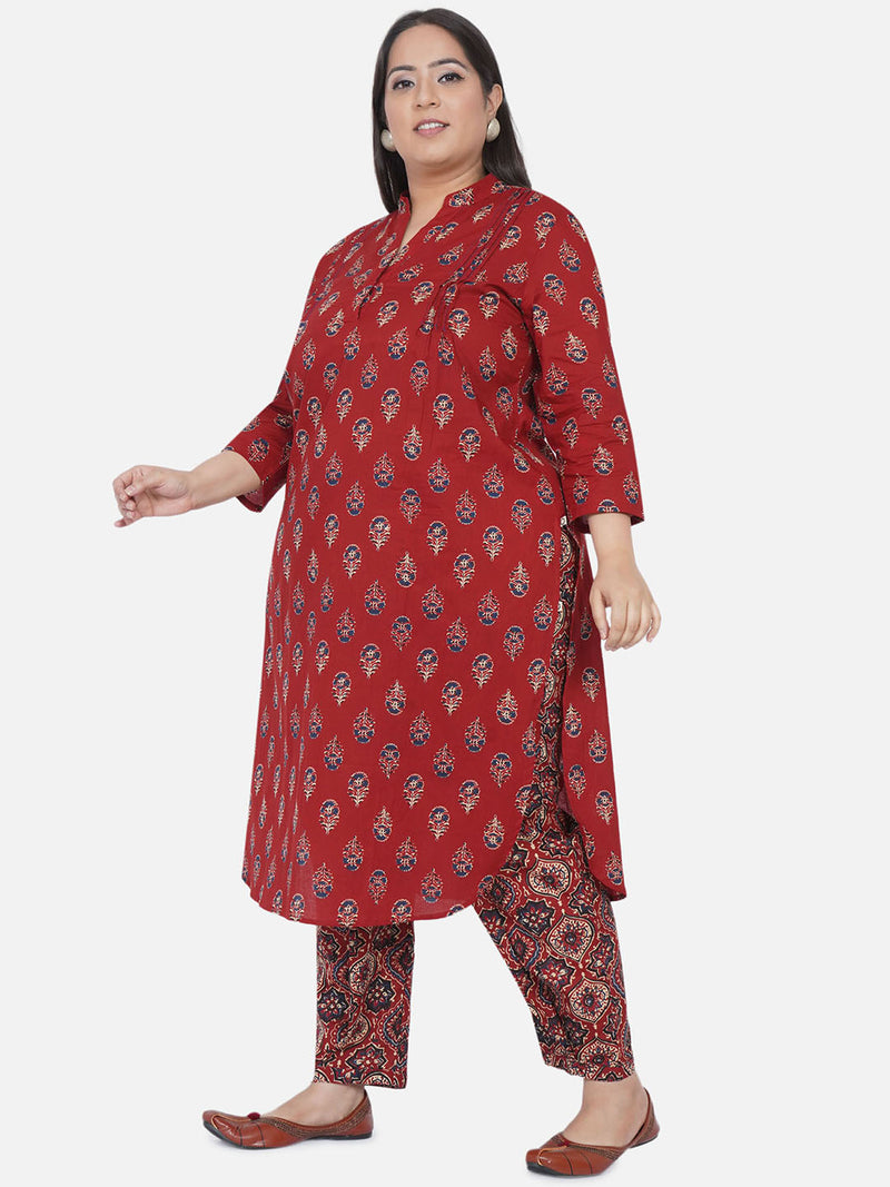 Curve 2 Pc Set Of Cotton Red Ajrakh Print Kurta With Pintucks And U-Shaped Bottom And Cotton Red Ajrakh Print Pants With Pleated Bottom-Kurta Set-Fabnest