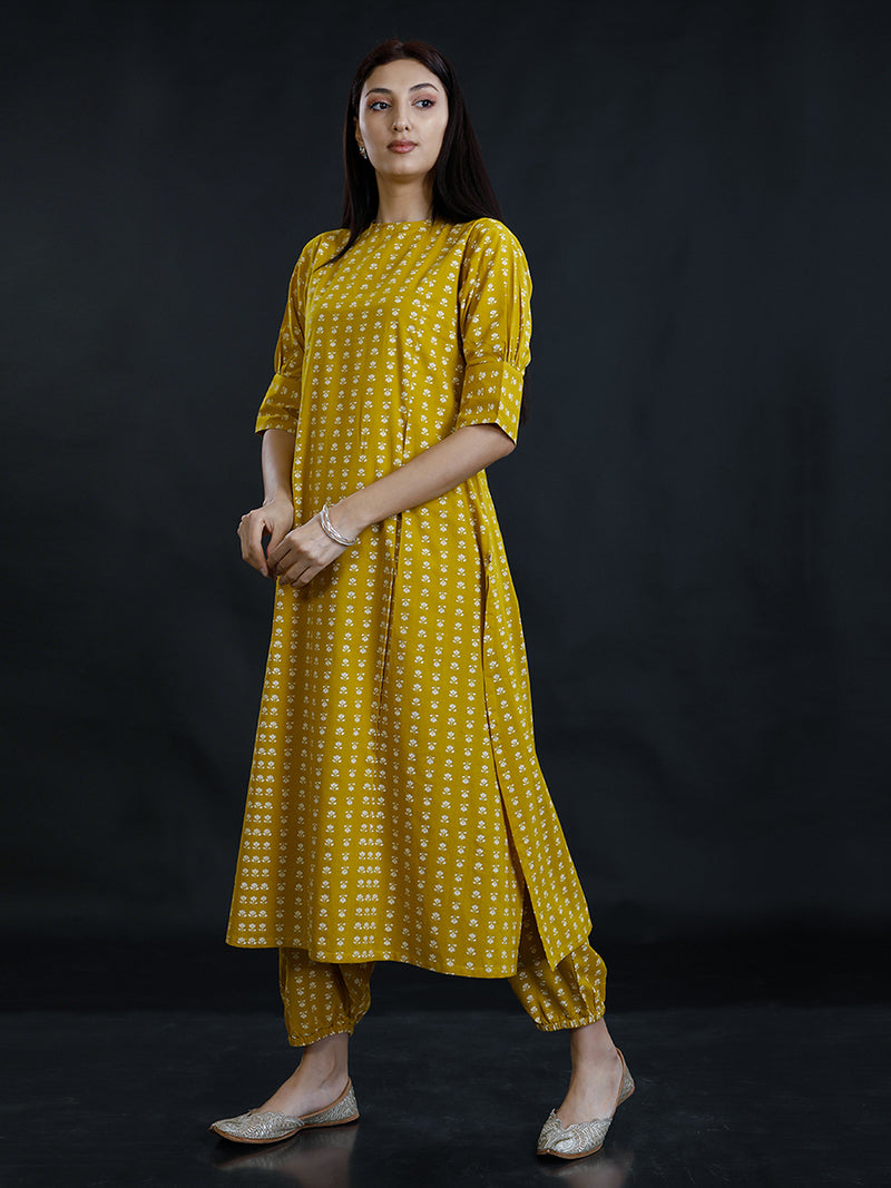 Green Cotton Discharge Print With Front Pleats Loose Fit Kurta Only-Kurta-Fabnest