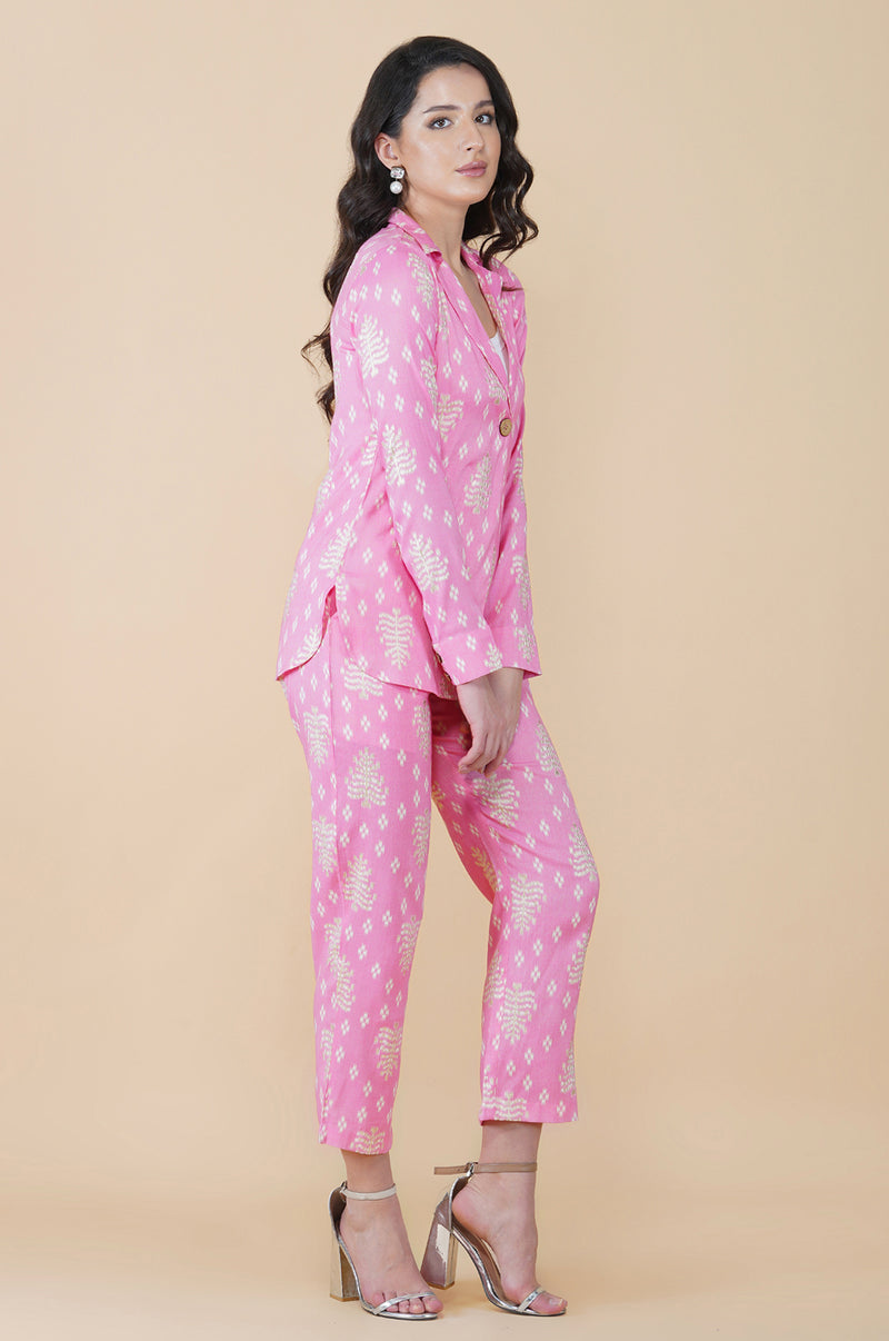 Limited edition pink ethnic print rayon jacket and pant co-ord set-Co-ords-Fabnest
