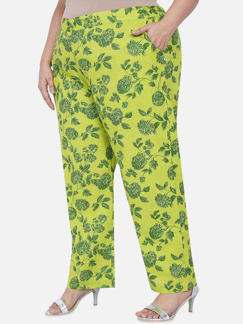 Curve Cotton Green Printed Tapered Pants-Pants-Fabnest