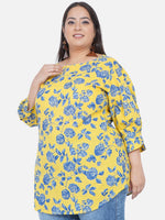 Curve Cotton Yellow Printed Tunic With Stylised Sleeves-Tunics-Fabnest