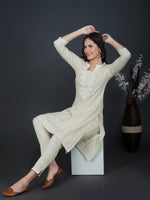 Off white cotton flex with lace work at neck and princess seam kurta ONLY-Kurta-Fabnest