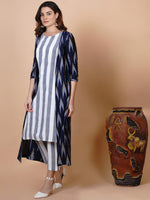 Blue cotton ikat cape and striped sleeveless kurta and tapered pant set-Kurta Set-Fabnest