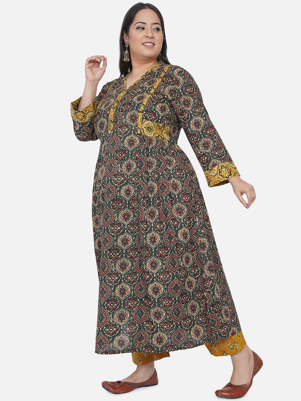 Curve 2 Pc Set Of Cotton Green Ajrakh A Line Kurta With Detail Inserts In Yellow With Side Pleats And Yellow Cotton Ajrakh Print Straight Pants-Kurta Set-Fabnest