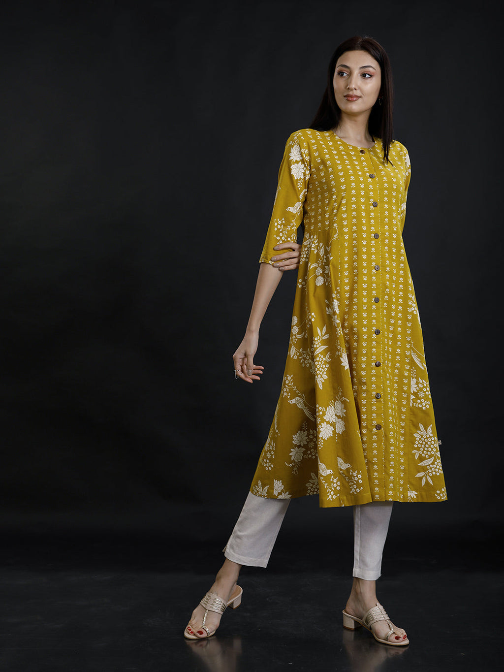 Green Cotton Discharge Printed Aline Kurta And Pant Set-Full Sets-Fabnest