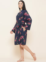 Women`s cotton floral navy blue kimono robe-Fabnest