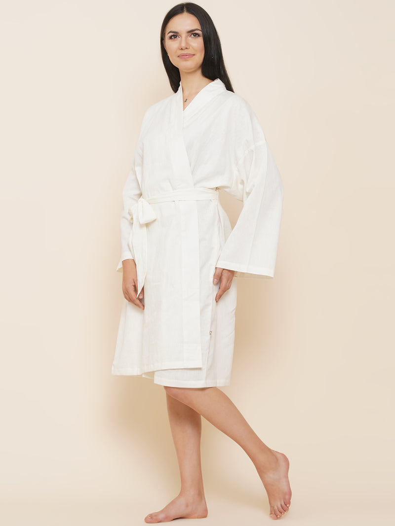 Women`s cotton solid off-white kimono robe-Fabnest