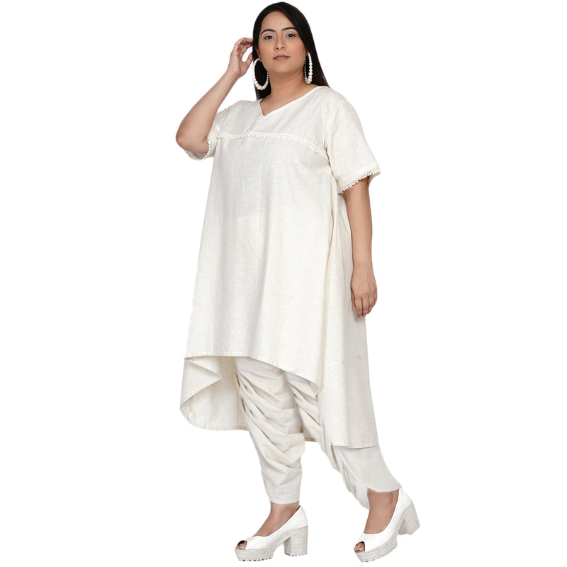 Curve set of off white cotton flex asymmetric hem flared kurta with lace work and gathered dhoti pants-Kurta Set-Fabnest