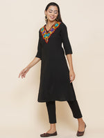 Black flex with V-neck embellished with aari embroidery lace kurta and pant set-Fabnest
