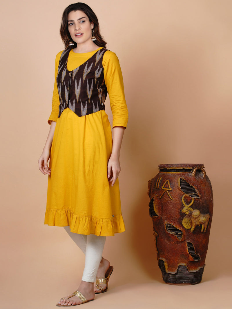 Yellow a line frilled kurta paired with ikat jacket-Kurta Set-Fabnest
