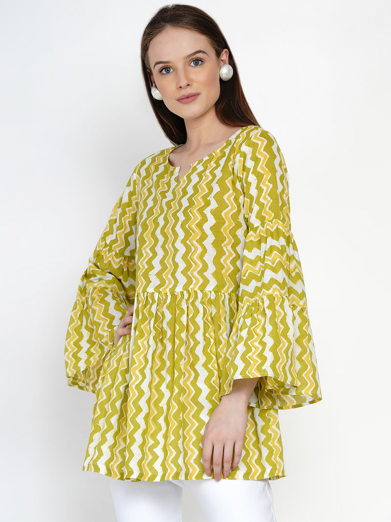 Lime chevron cotton gathered top with tiered sleeves-Top-Fabnest