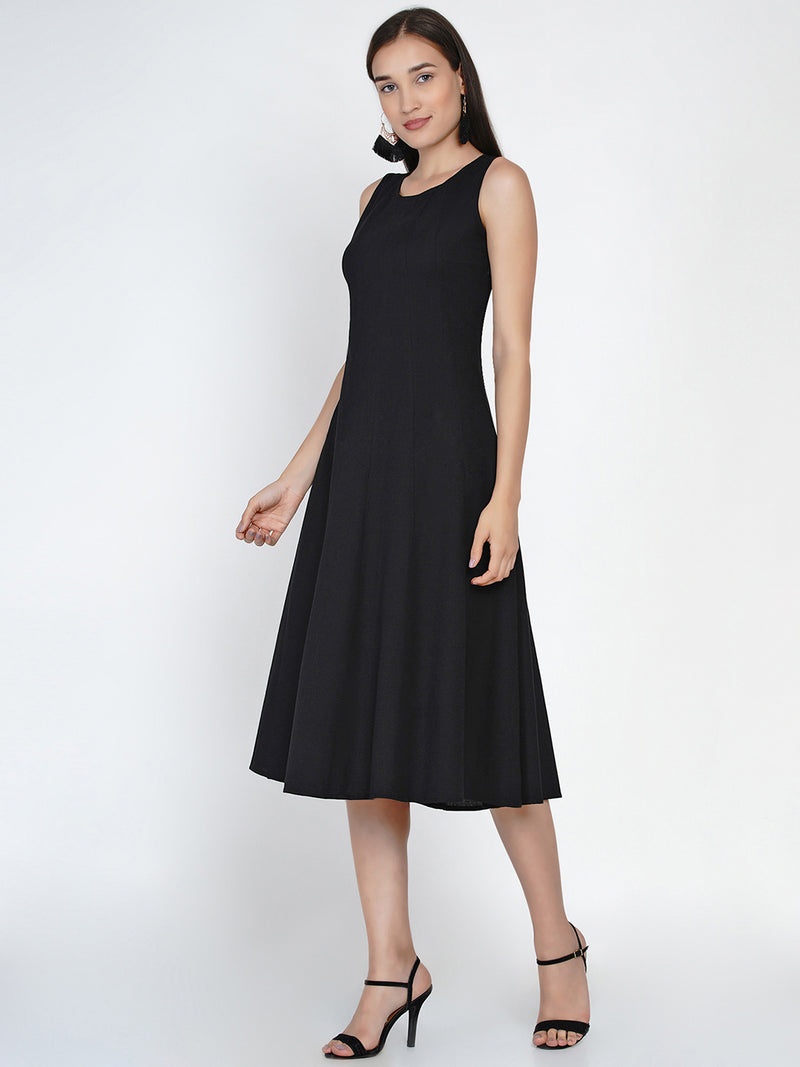 Black cotton flex multi paneled sleeveless dress-Dresses-Fabnest