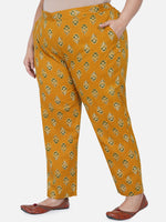 Curve Yellow Cotton Ajrakh Print Straight Pants-Pant-Fabnest