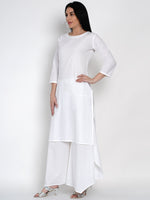 Cotton solid white kurta set with Asymmetrical bottom-Kurta Set-Fabnest
