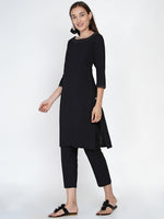 Black cotton A line kurta with contrast top stitch at neck and sleeve with lace at back inverted pleat and straight bottom-Kurta Set-Fabnest