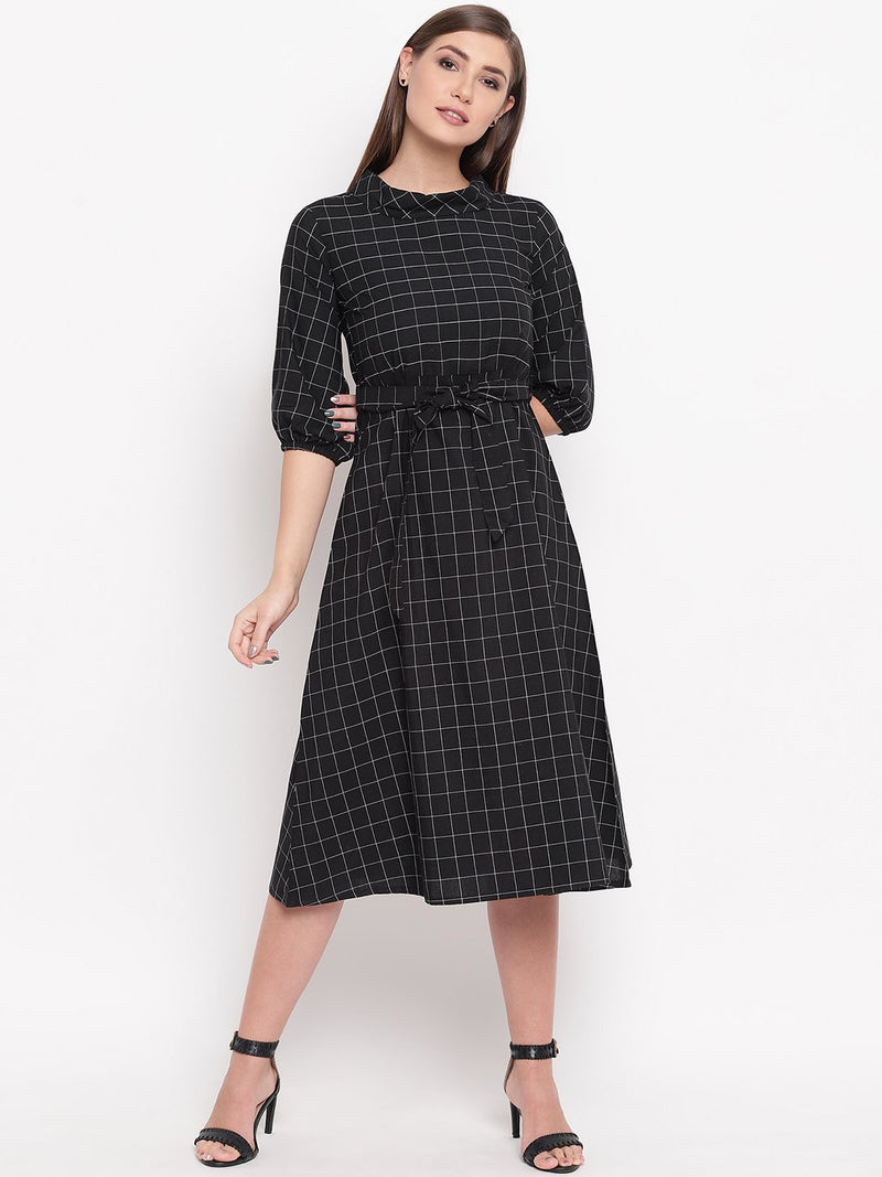 Black window pane a line dress with folded round collar-Dresses-Fabnest