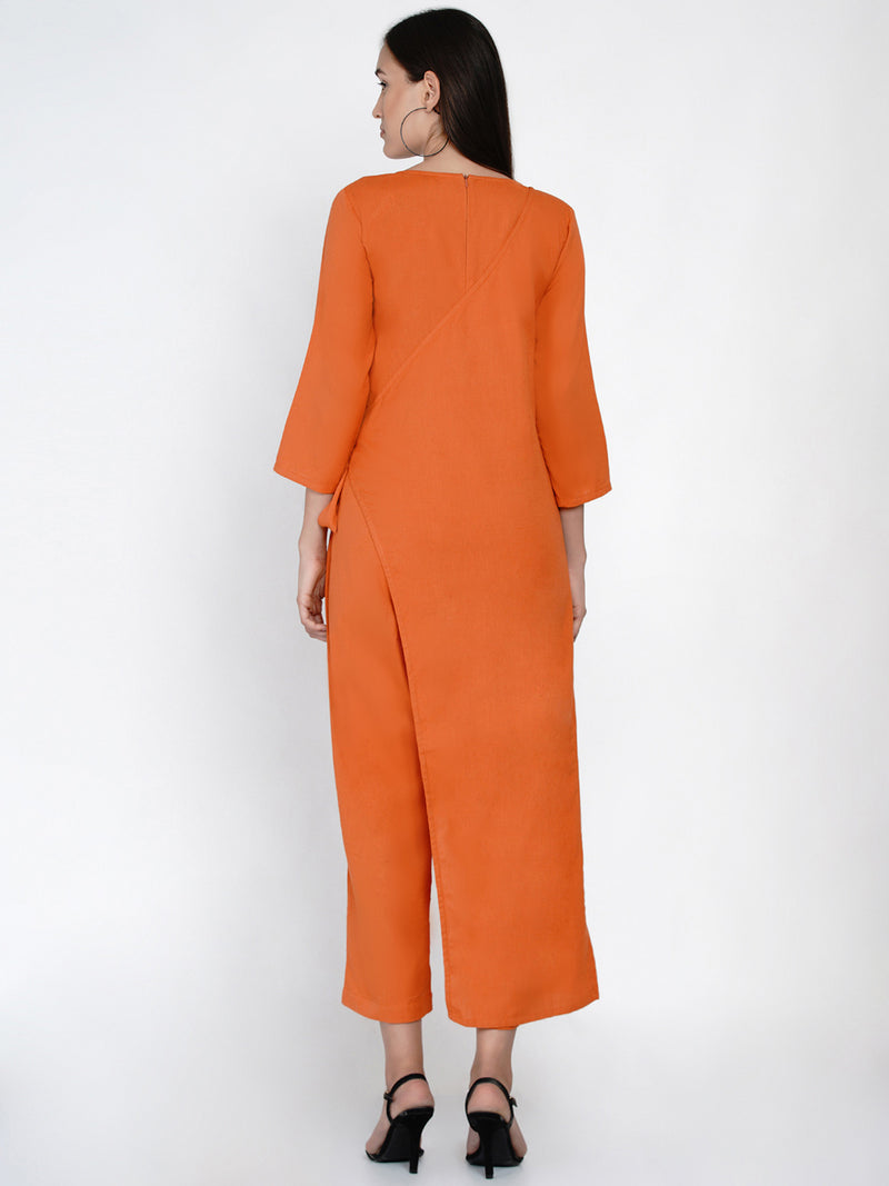 Cotton flex orange jumpsuit with an overlap panel and tie up-Jumpsuit-Fabnest