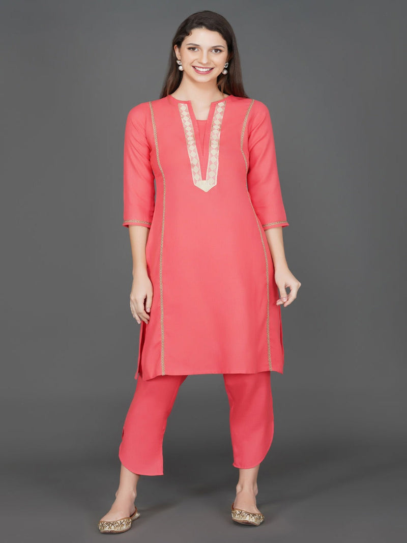 Pink kurta with lace and gota embellishments-Kurta-Fabnest
