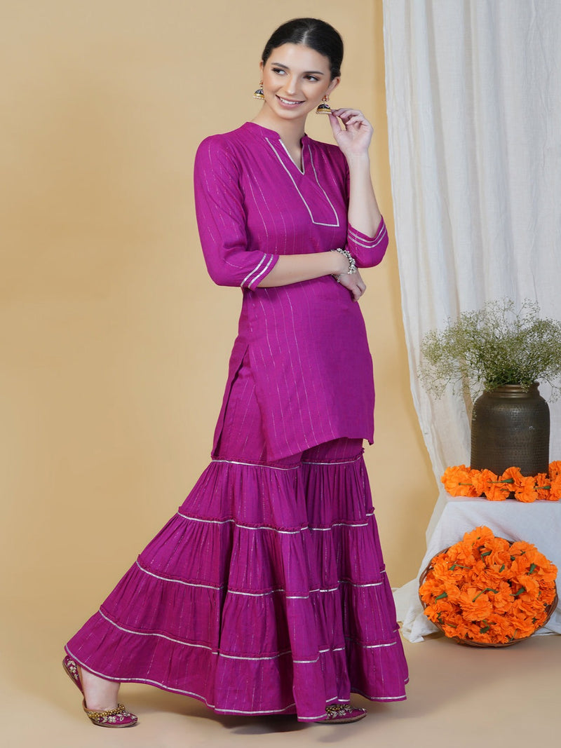 Pink linen cotton self design lurex short kurta and sharara set with gota work-Kurta Set-Fabnest