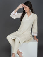 Off white cotton flex with lace work on neck and sleeve hem V neck kurta ONLY-Kurta-Fabnest
