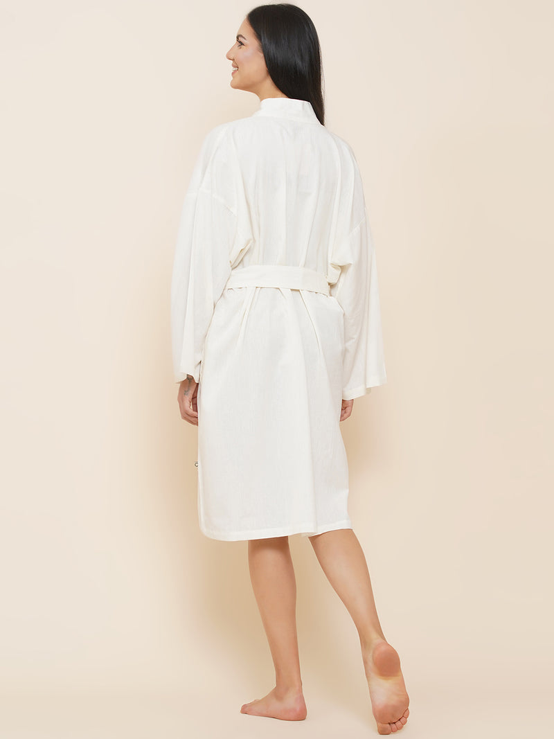 Women`s cotton solid off-white kimono robe-Fabnest