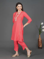 Pink kurta with lace and gota embellishments-Kurta-Fabnest