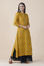2 pc set of yellow cotton ajrakh print A line kurta set with thread work at sleeve and neck and black cotton asymmetric bottom-Kurta Set-Fabnest