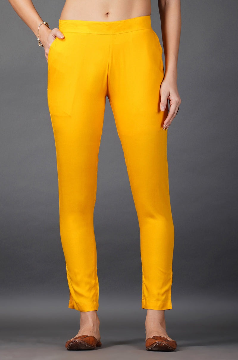 Womens yellow rayon slim pants-Pant-Fabnest