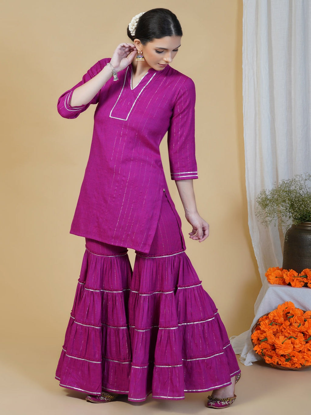 Pink linen cotton self design lurex short kurta and sharara set with gota work-Kurta Set-Fabnest