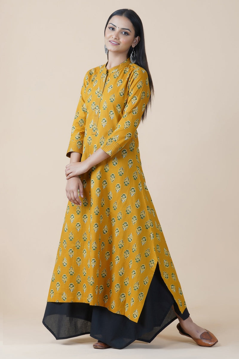 Yellow cotton ajrakh print with thread work at sleeve and neck A line kurta ONLY-Kurta-Fabnest
