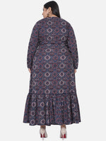 Curve Cotton Navy Ajrakh Print Long Dress With Tiered Bottom-Dress-Fabnest