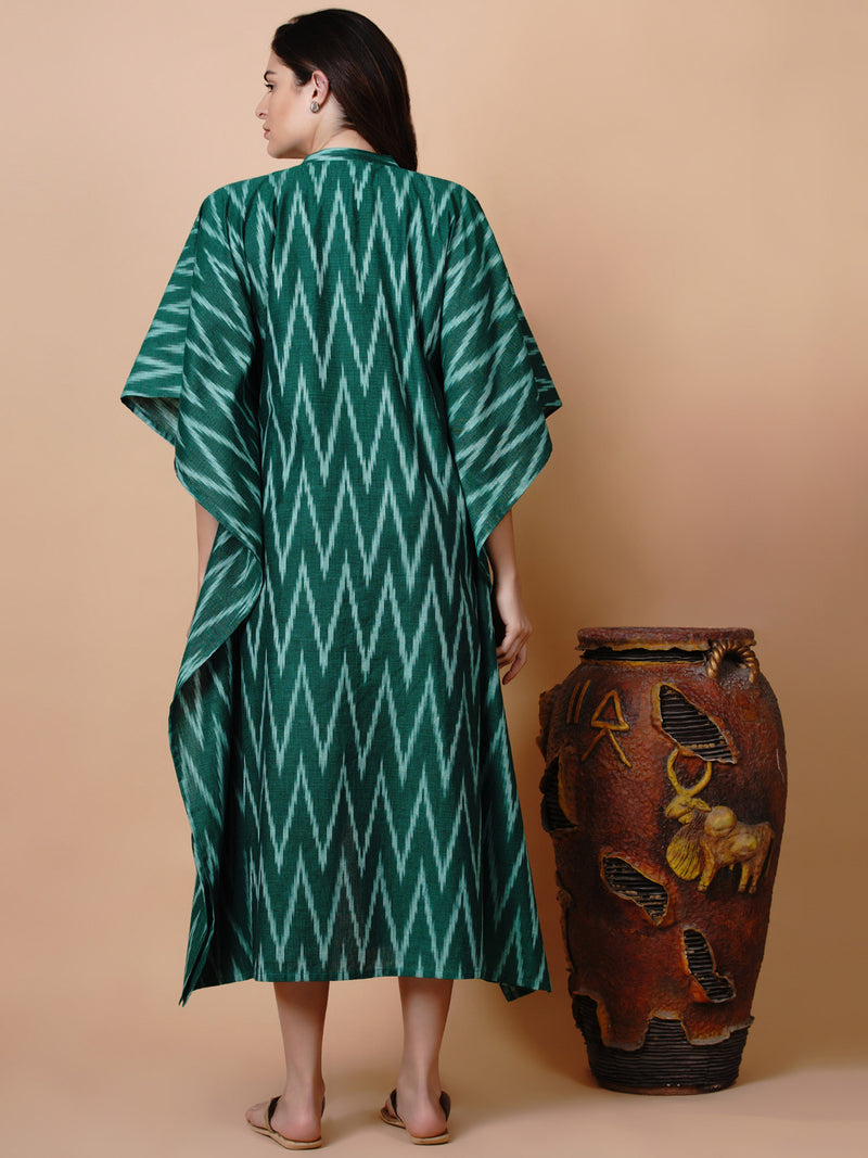 Handloom green cotton ikat button down kaftan-Kaftan-Fabnest