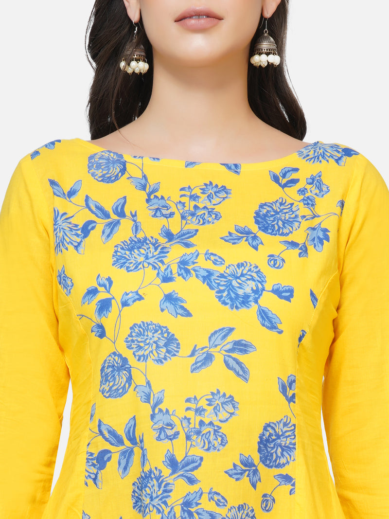 Cotton yellow asymmetrical kurta with printed centre panel paired with tapered yellow cotton solid pants-Kurta Set-Fabnest