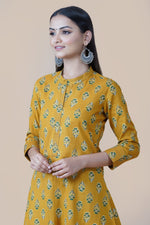 2 pc set of yellow cotton ajrakh print A line kurta set with thread work at sleeve and neck and black cotton asymmetric bottom-Kurta Set-Fabnest