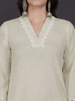 Set of cotton flex v neck lace work kurta with co-ordinated flex pants-Kurta Set-Fabnest