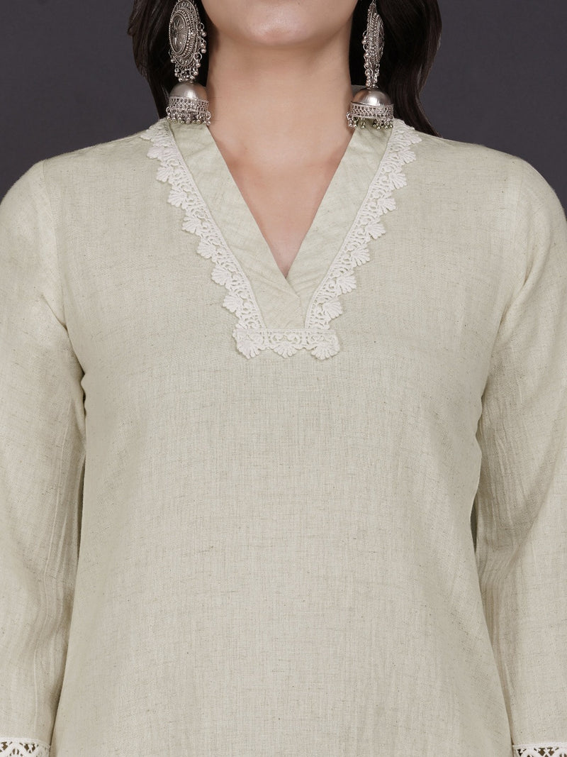 Set of cotton flex v neck lace work kurta with co-ordinated flex