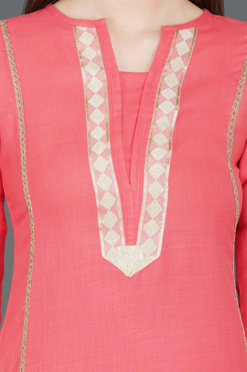 Set of winter pink gota embellished kurta and petal hem pant-Kurta Set-Fabnest