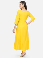 Cotton yellow asymmetrical kurta with printed centre panel paired with tapered yellow cotton solid pants-Kurta Set-Fabnest