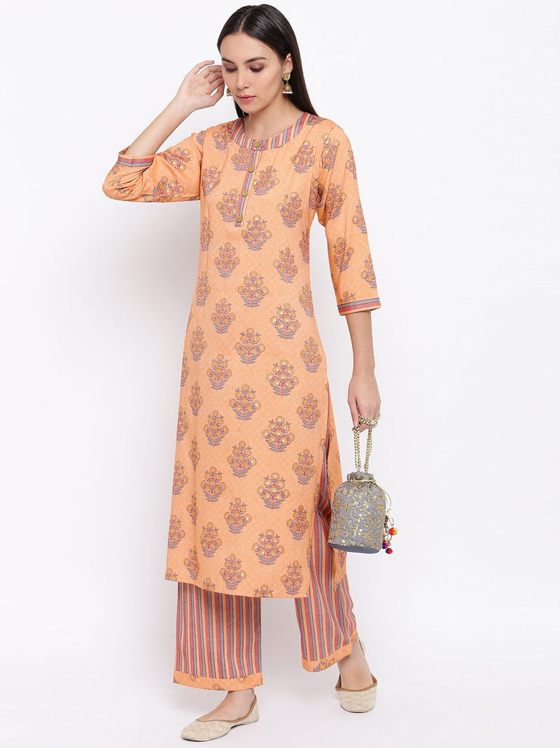 Rayon light orange printed pant and kurta set with round neck and wooden buttons with stripe pants.-Kurta Set-Fabnest
