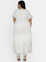 Curve off white cotton flex asymmetric hem flared kurta with lace work-Kurta-Fabnest