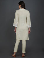 Set of cotton flex v neck lace work kurta with co-ordinated flex pants-Kurta Set-Fabnest
